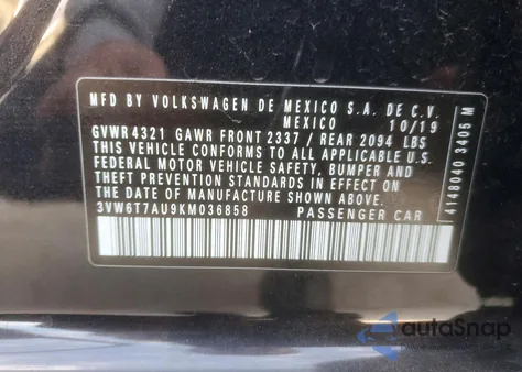 2019 Volkswagen Gti S z USA, uszkodzony, nr VIN 3VW6T7AU9KM036858